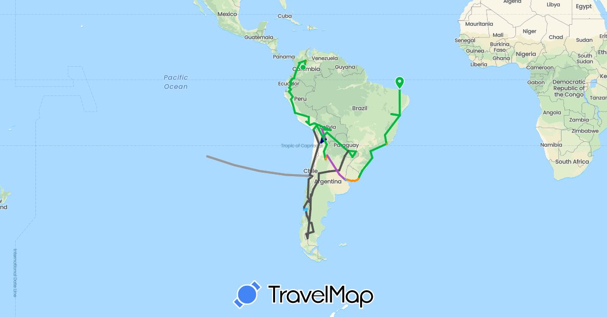 TravelMap itinerary: driving, bus, plane, train, hiking, boat, hitchhiking, motorbike in Argentina, Bolivia, Brazil, Chile, Colombia, Ecuador, Peru, Paraguay, Uruguay (South America)
